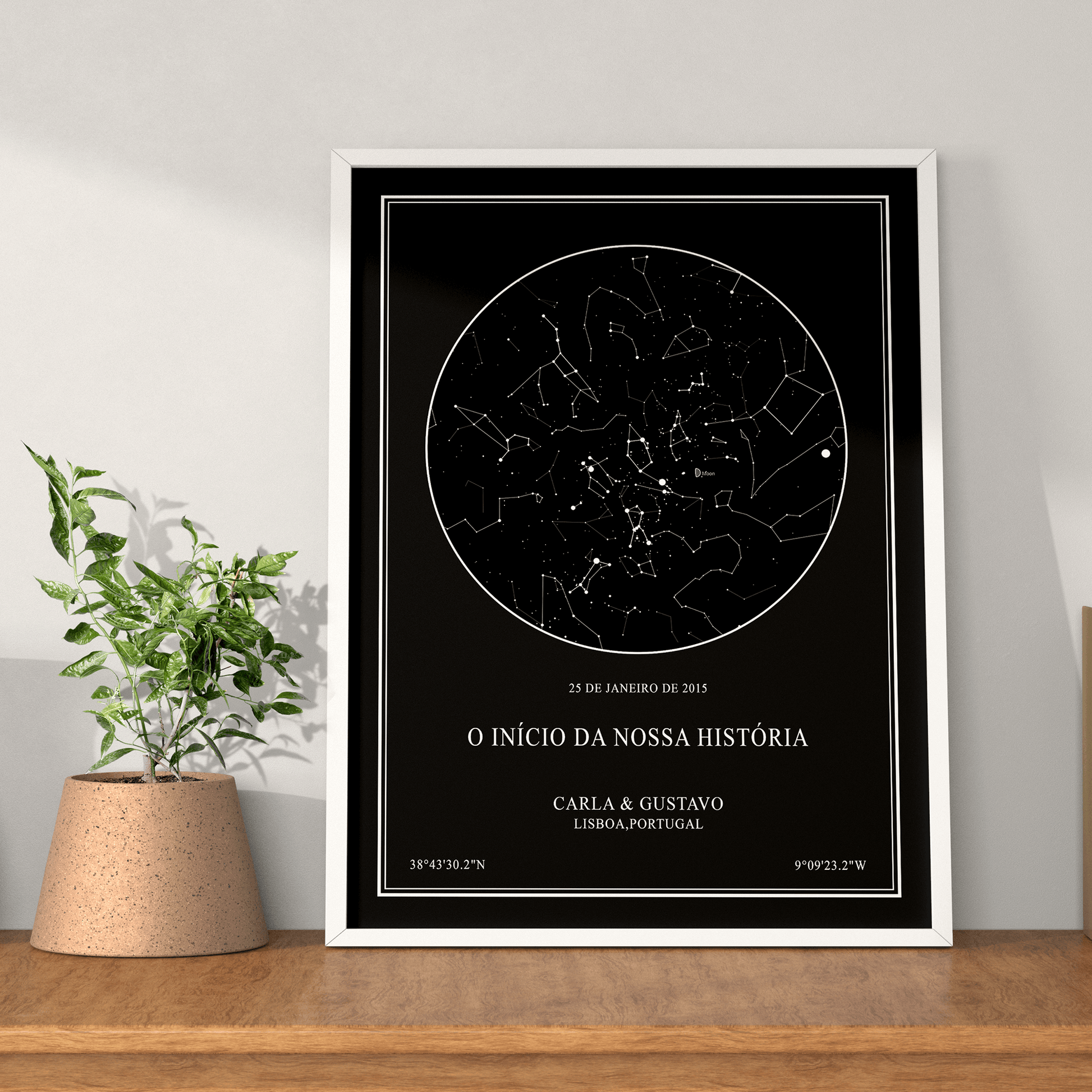 Poster mapa de estrelas com moldura branca - arte de parede moderna e personalizada para casal