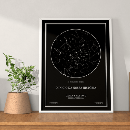 Poster mapa de estrelas com moldura branca - arte de parede moderna e personalizada para casal