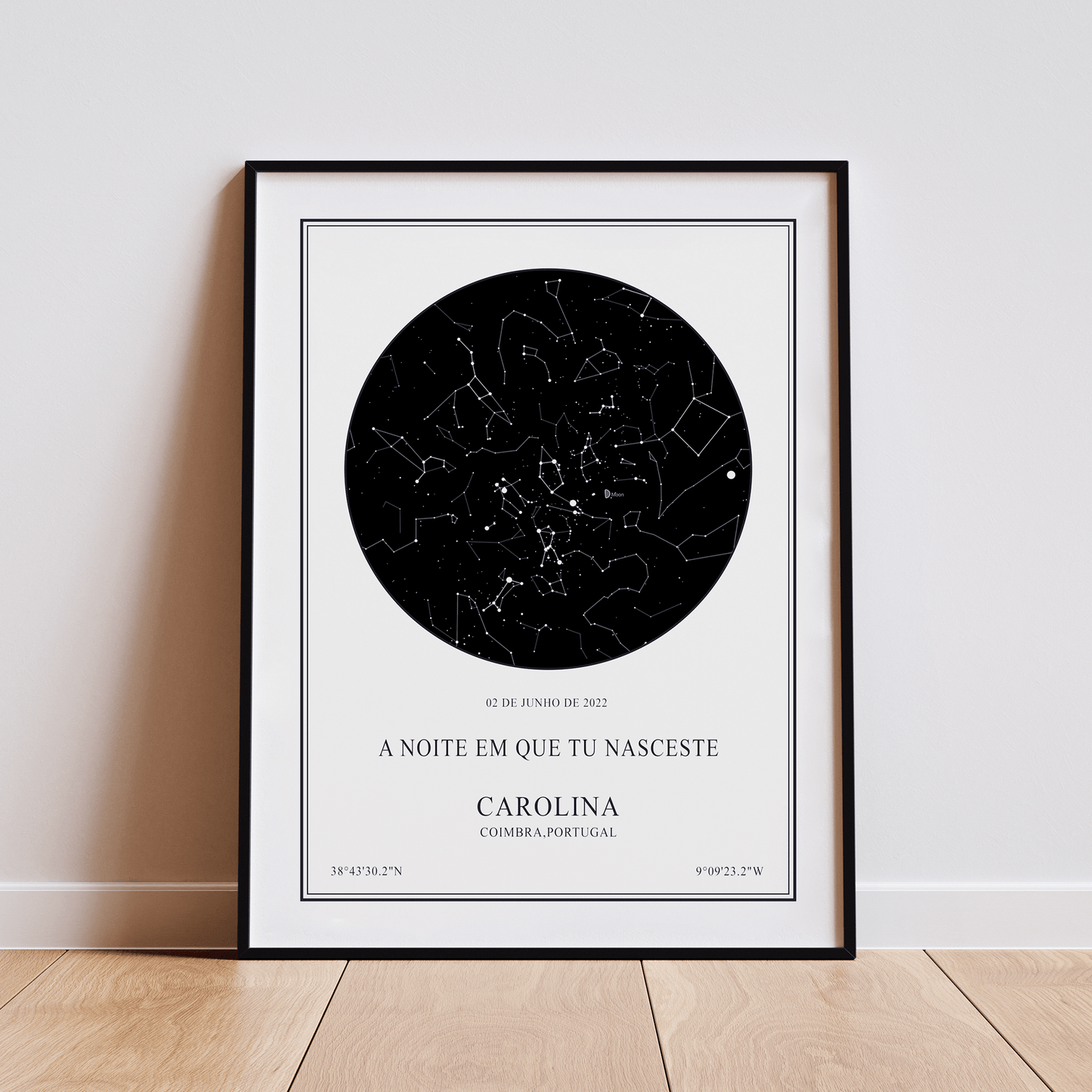 Poster mapa das estrelas com fundo branco e moldura preta - presente personalizado romântico
