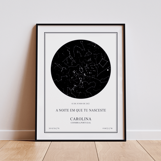 Poster mapa das estrelas com fundo branco e moldura preta - presente personalizado romântico