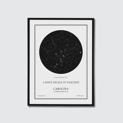 Mapa de estrelas personalizado - poster romântico para oferecer - quadro preto e fundo branco com o céu de um momento especial